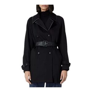 The Kooples LEMAL Trench Coat Black Leather Belt Cotton Size 34 US 2 $618 NWT